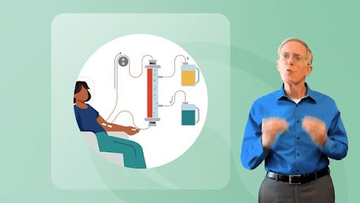 Frame from a Motifmotion mixed-media patient video — a live-action presenter with 2D medical animation