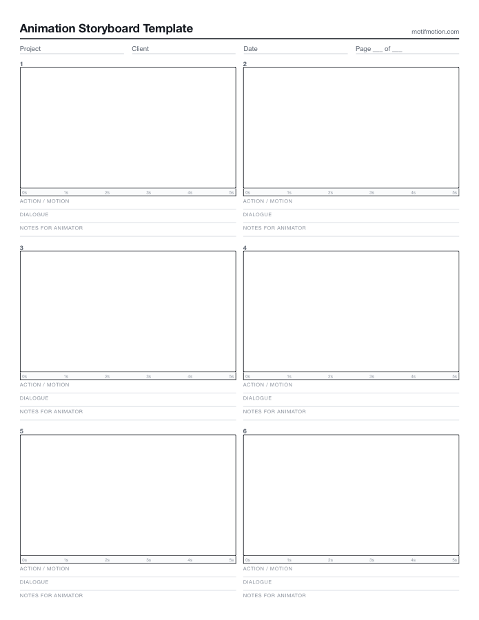 Animation storyboard template with a timing ruler beneath each frame and a notes-for-animator line