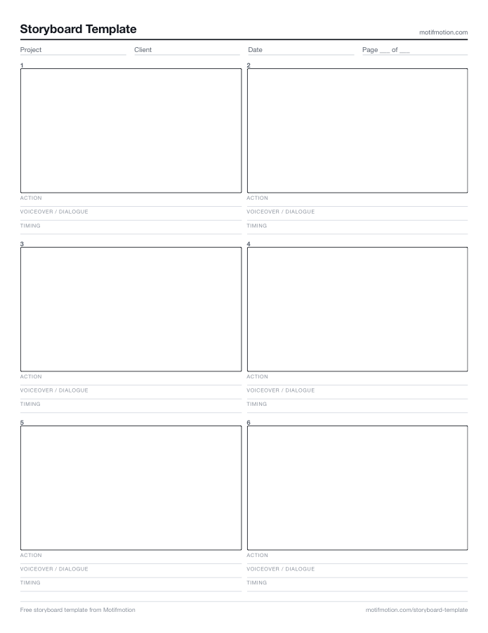 Six-panel storyboard template with 16:9 frames and lines for action, voiceover and timing