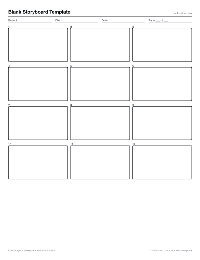 Twelve-panel blank storyboard template with empty 16:9 frames and no field labels