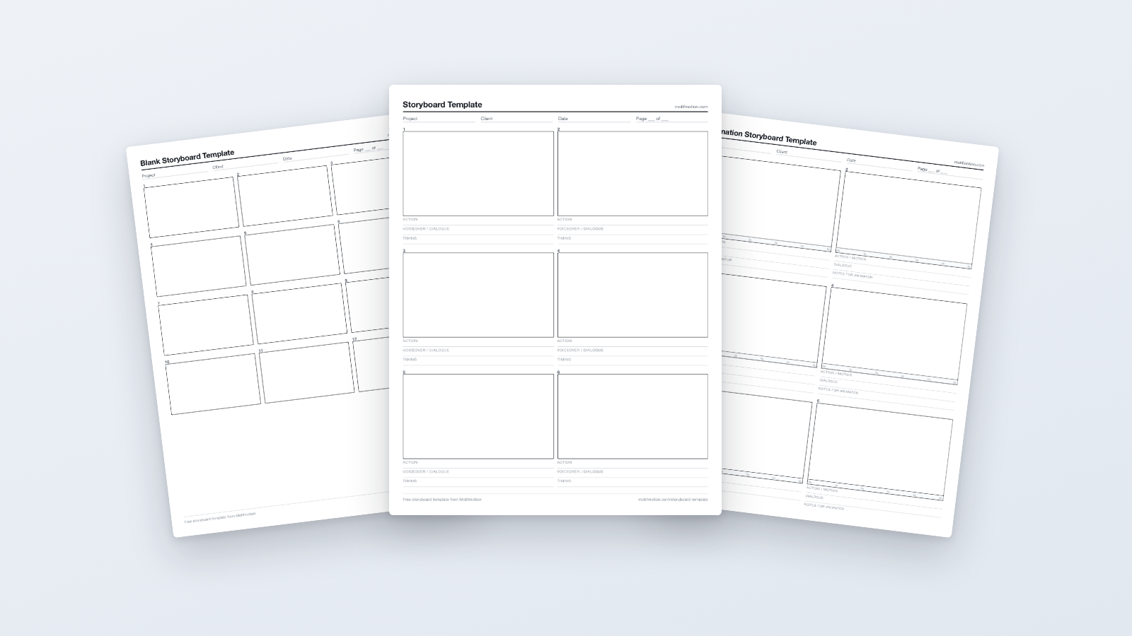 Three printable storyboard templates fanned out: blank twelve-panel, six-panel with action and voiceover lines, and the animation layout with a timing ruler