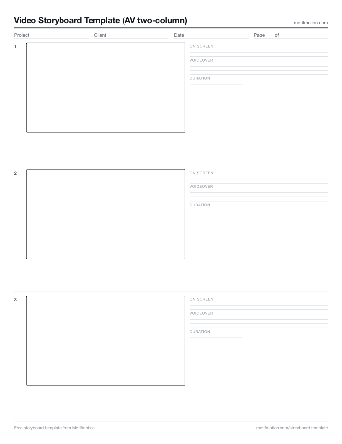 AV two-column video storyboard template with the frame on the left and on-screen, voiceover and duration fields on the right