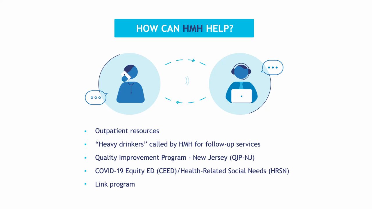 Animated slide showing HMH follow-up services for alcohol use disorder patients, including outpatient resources and QIP-NJ