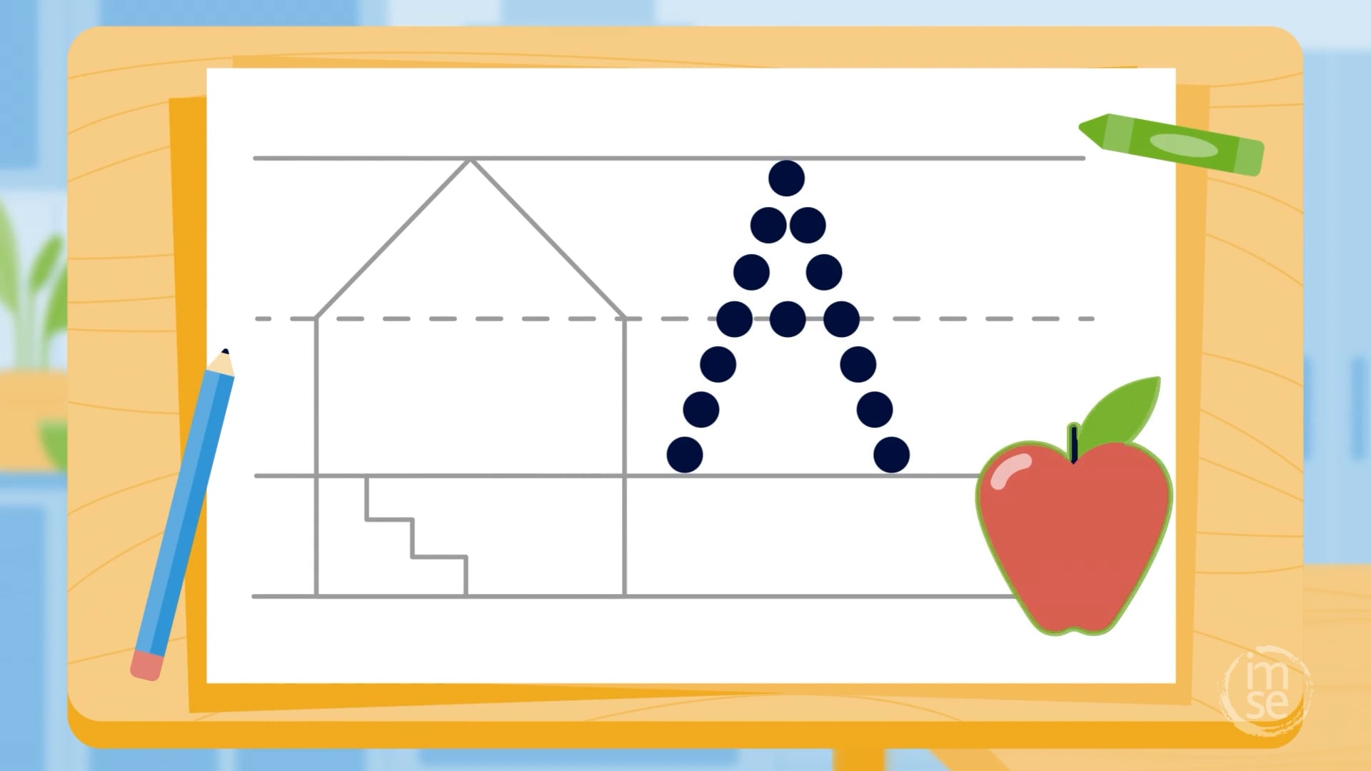 Capital A stroke dots on attic-ceiling-floor lined paper in an IMSE animated handwriting lesson