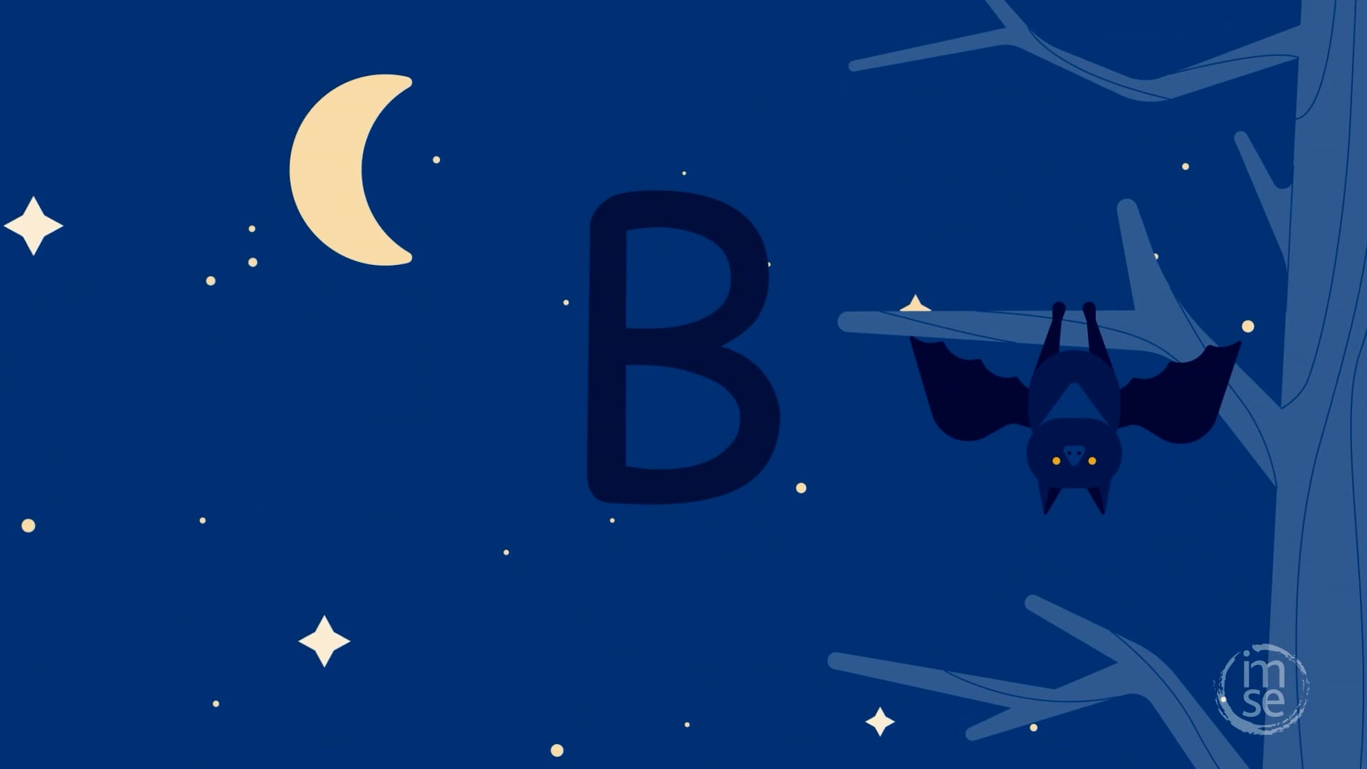 Animated bat hanging from a tree beside the letter B — from an IMSE capital letters handwriting course
