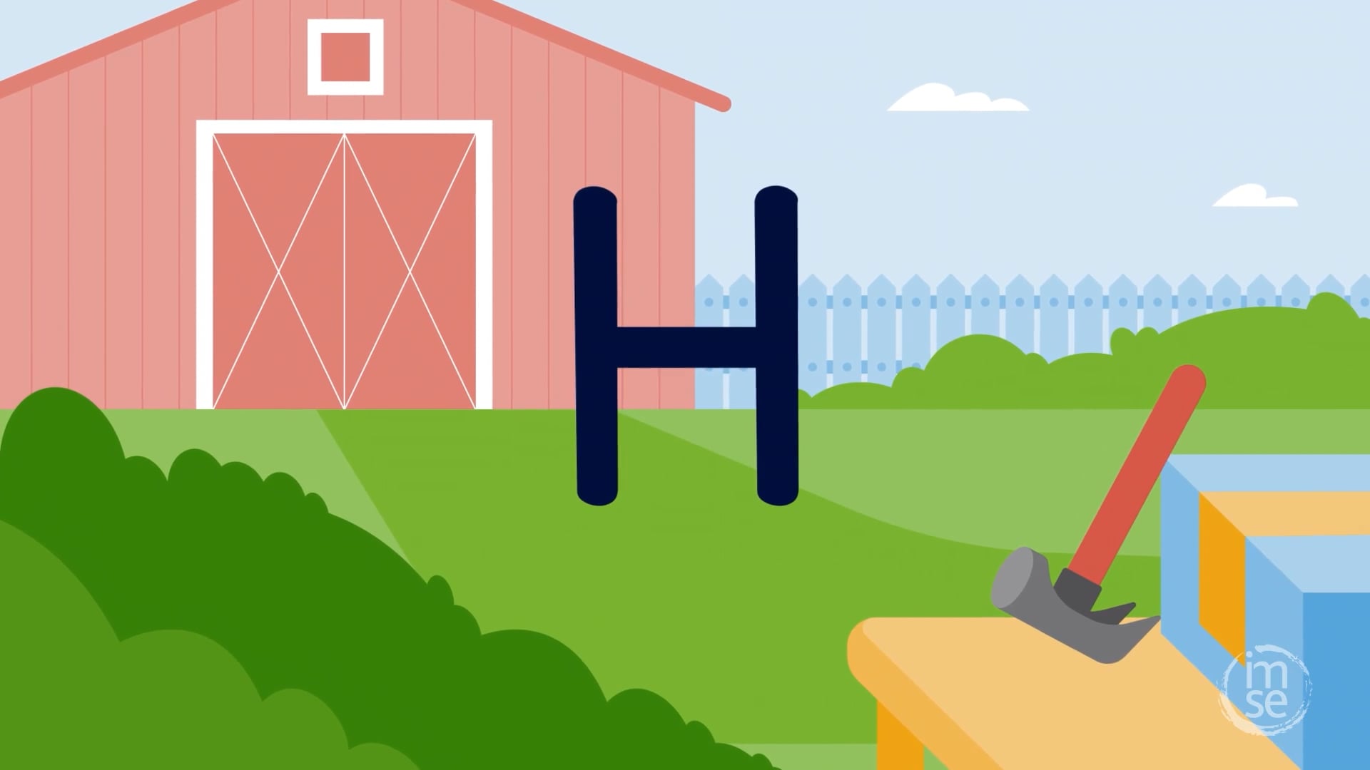 Animated still of capital letter H over a farm scene, from an IMSE capital letters handwriting course