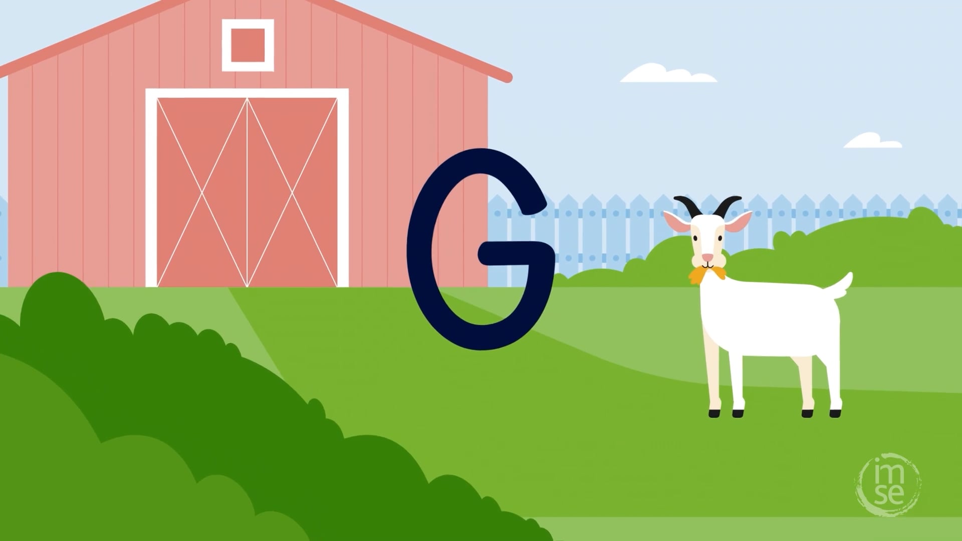 Animated farm scene with letter G and a goat — capital letters handwriting lesson for IMSE