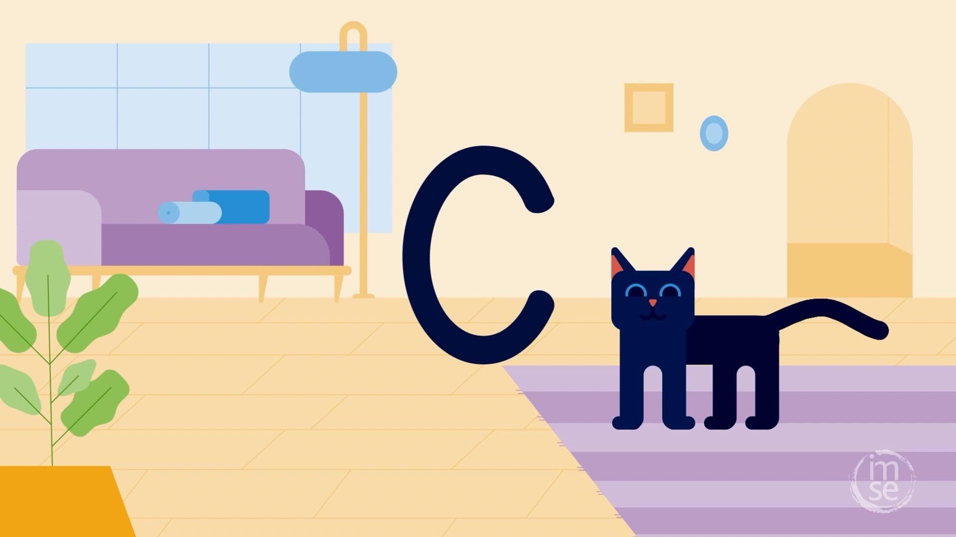 Animated letter C beside a cartoon cat in a living room scene from IMSE's capital letters handwriting course