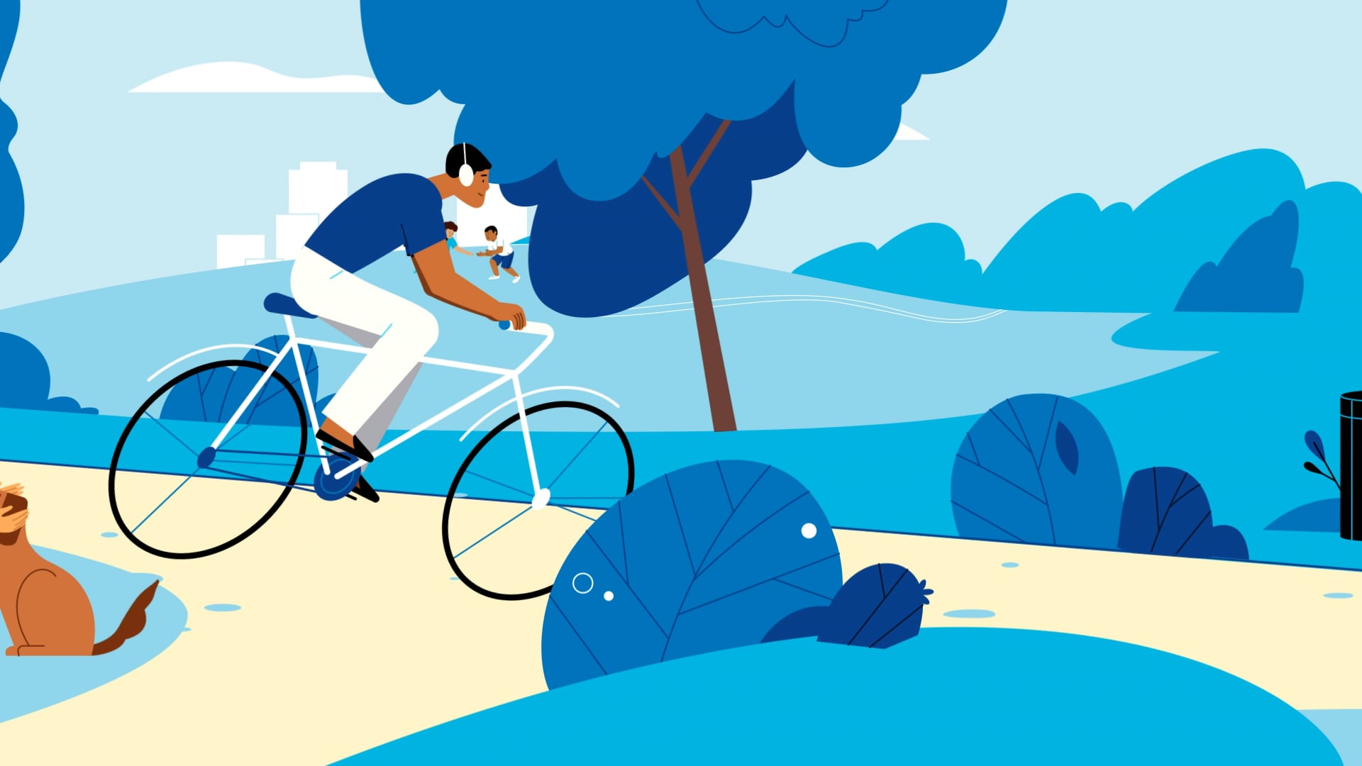 Animated man cycling through a park — still from a Hackensack Meridian Health patient education video