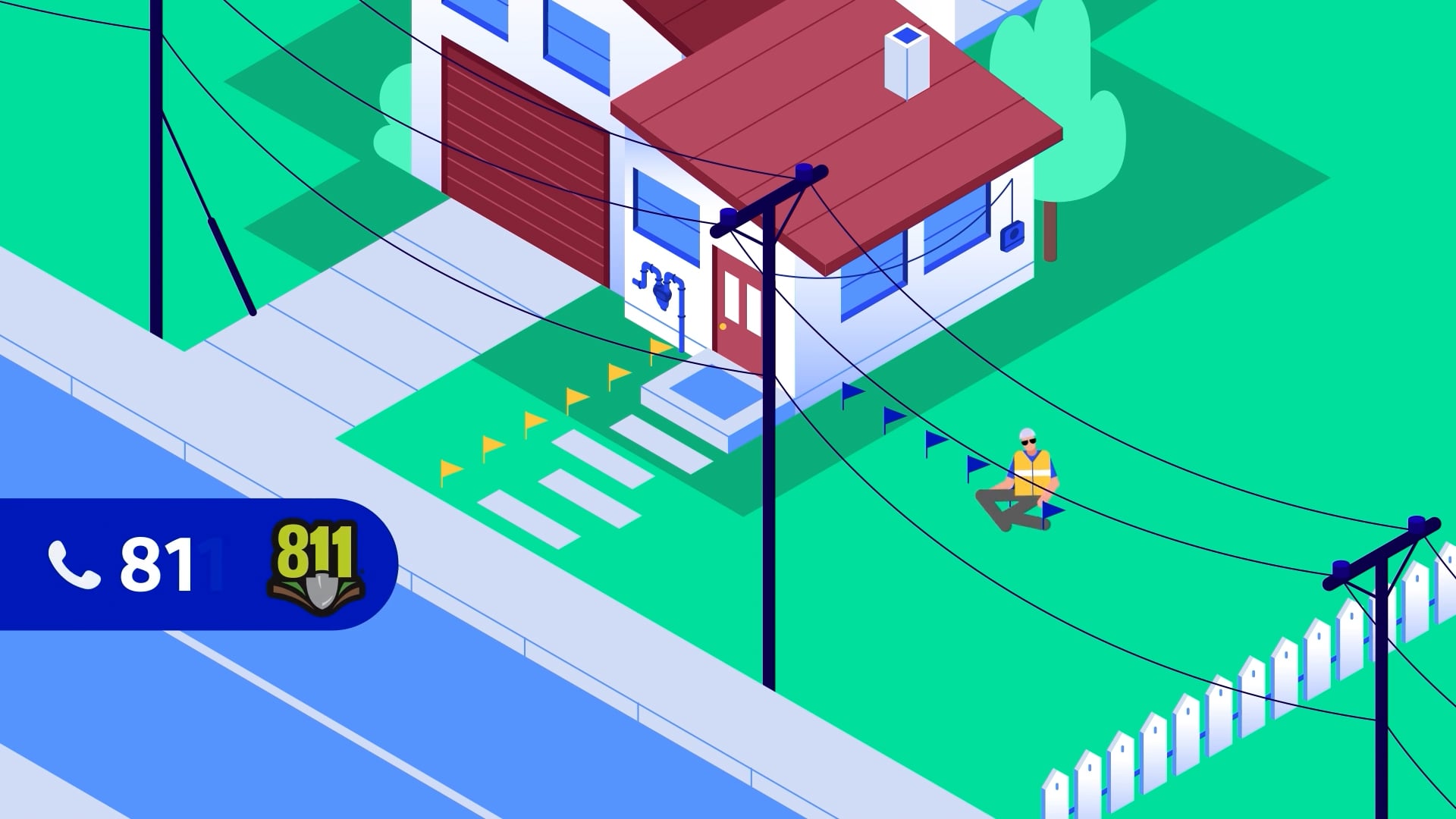 Animated utility worker placing locator flags near a home, with 811 call-before-you-dig prompt on screen