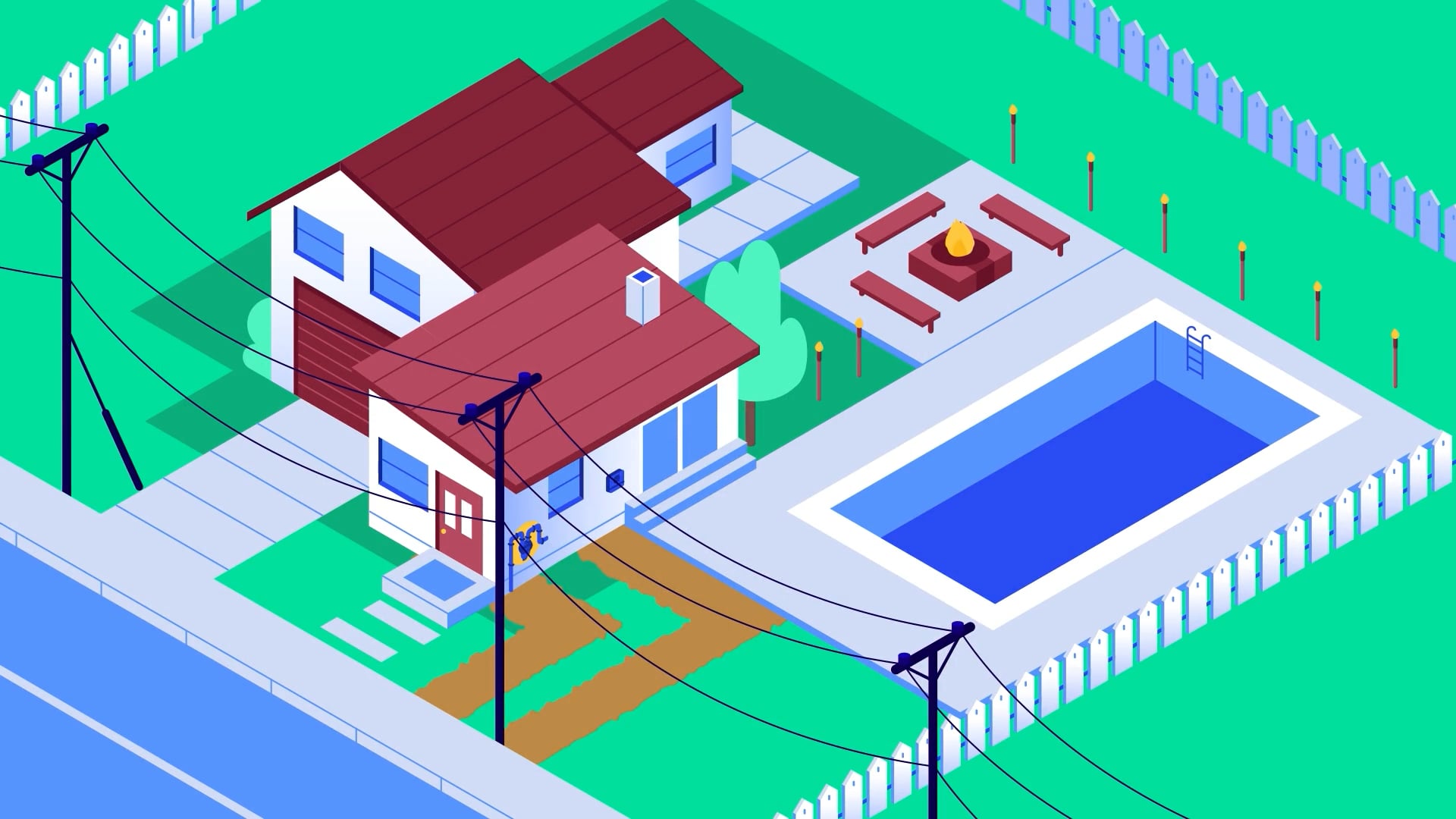 Isometric animated home with pool, fire pit, and utility lines — BGE restoration phase explainer