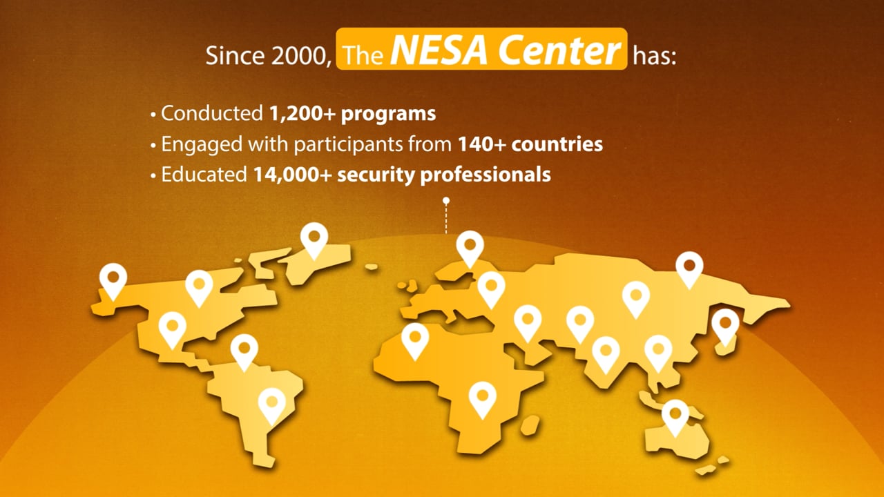 Animated world map infographic showing NESA Center's global reach — 1,200+ programs, 140+ countries, 14,000+ professionals