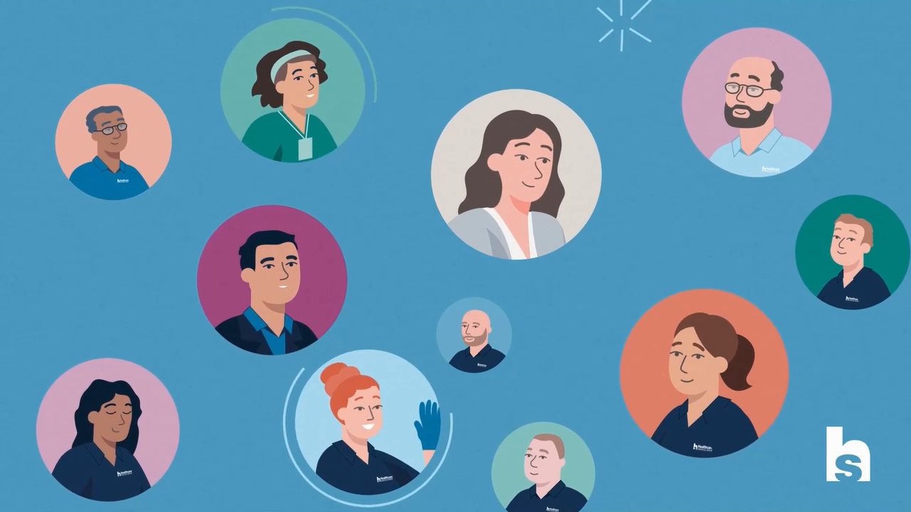 Animated portraits of diverse HCSG frontline workers in a Motifmotion internal culture video series