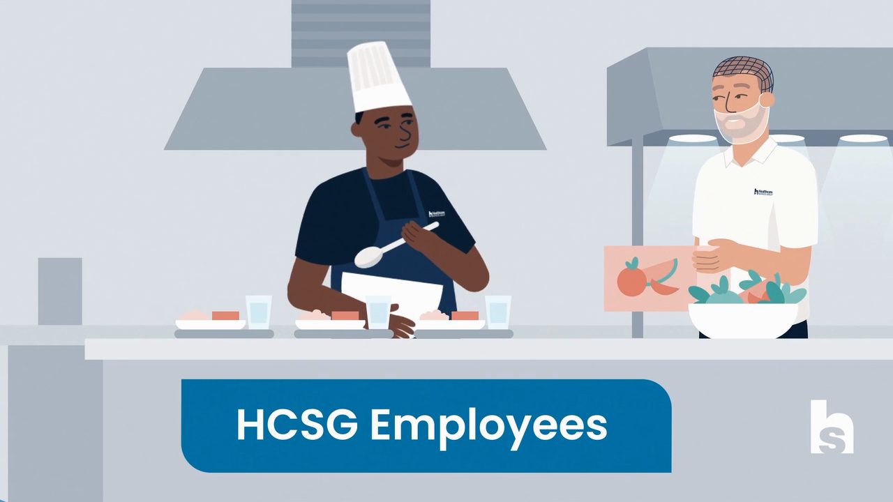Animated HCSG chef and food service worker preparing meals — still from an internal culture video series