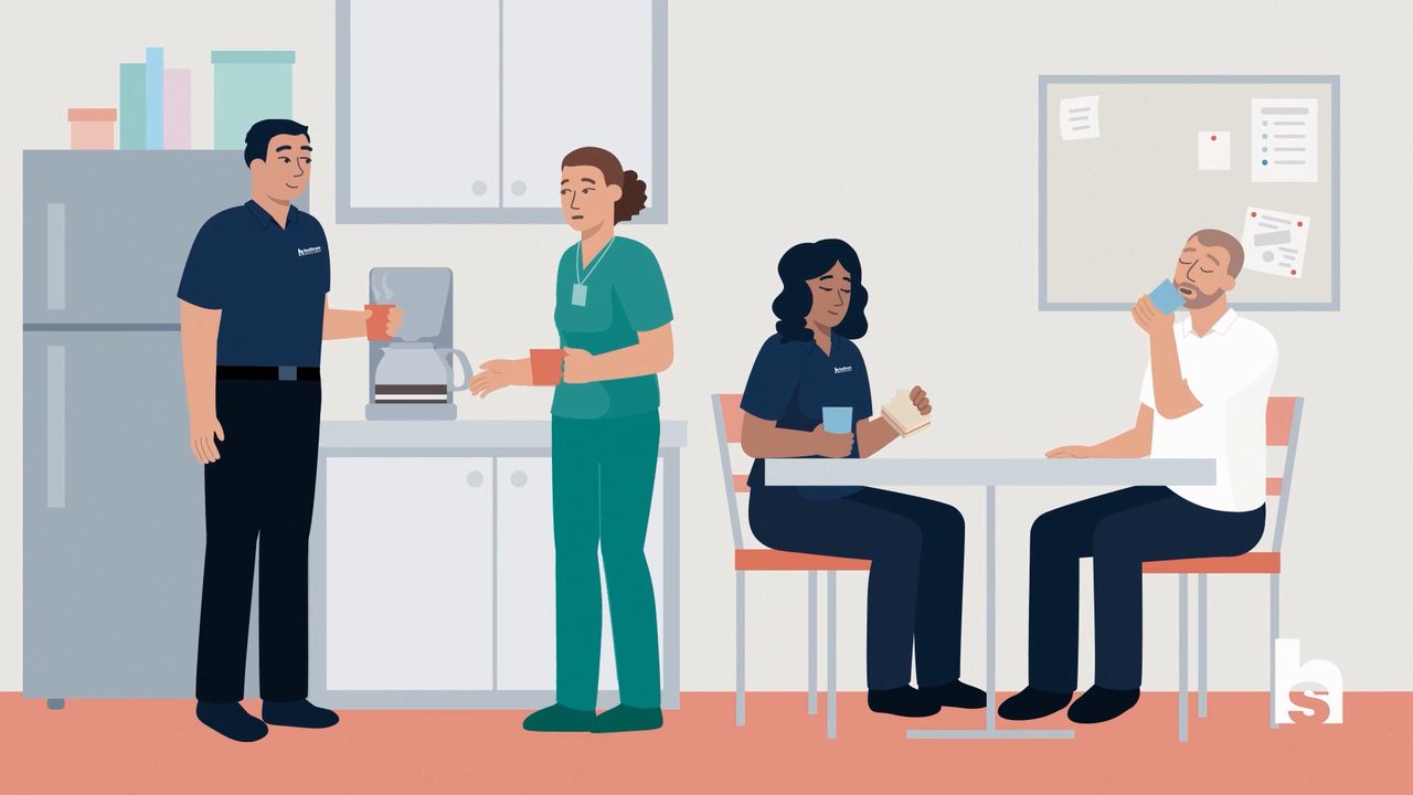 Animated hospital staff on break in a break room, from an HCSG internal culture video series