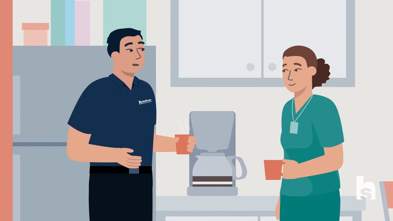 Animated HCSG staffer and nurse chatting over coffee in a facility break room