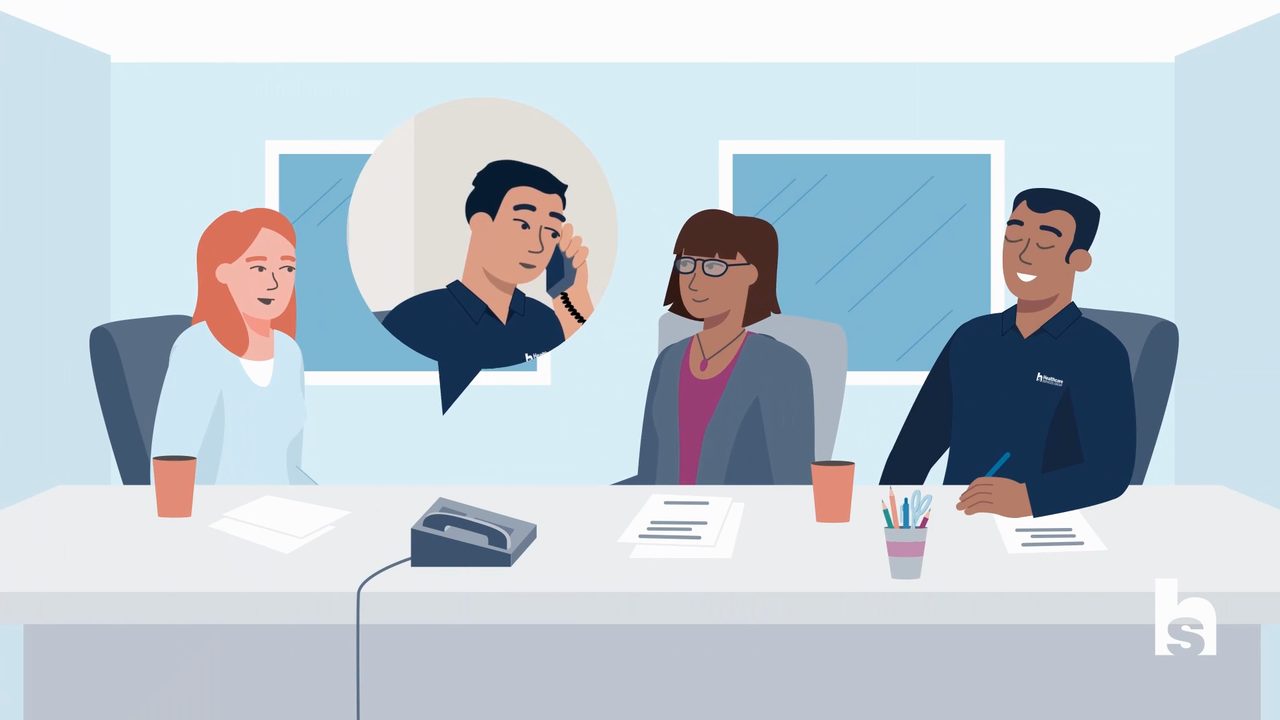 Animated office meeting scene with a phone call speech bubble, from an HCSG internal training video