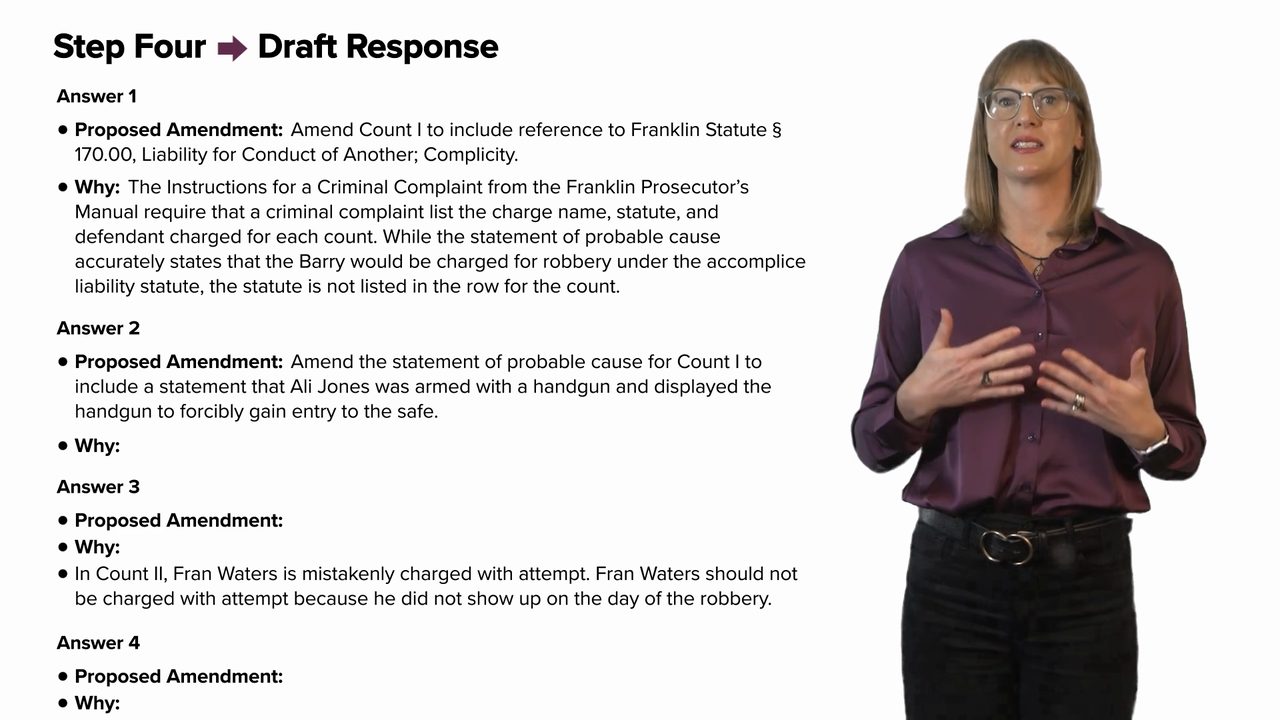 Instructor presenting Step Four: Draft Response slide for a NextGen bar exam performance task walk-through