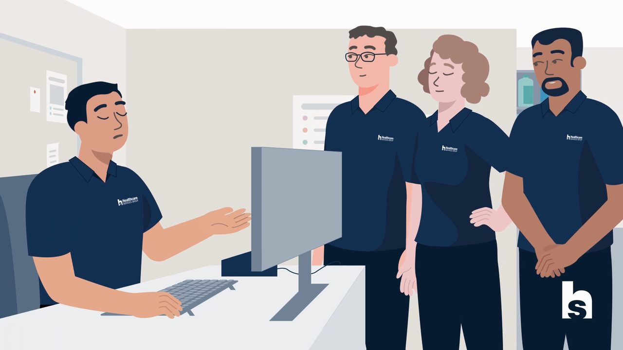 Animated HCSG team members at a workstation discussing the serving framework in a healthcare training video