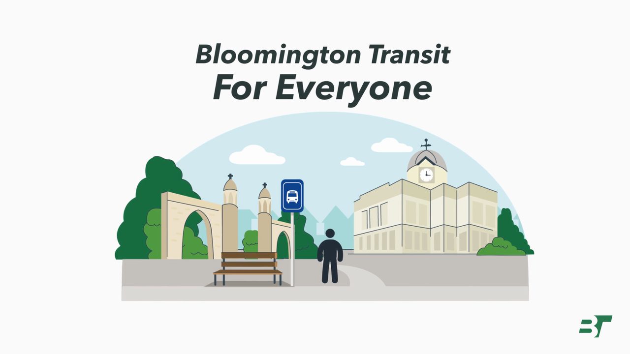 Title card from Bloomington Transit explainer video showing a rider at a bus stop amid city landmarks