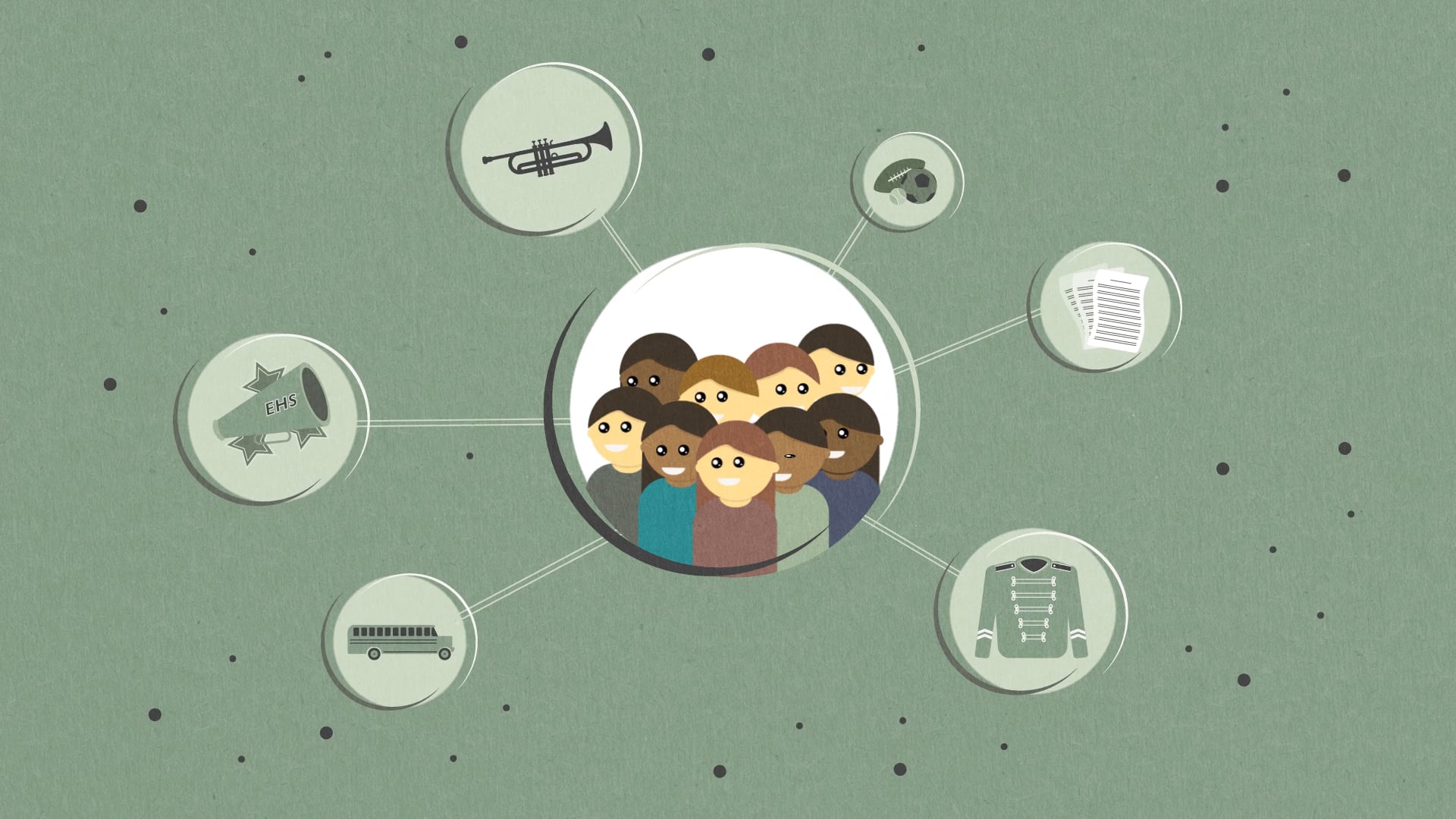 Animated hub diagram of students connected to school program icons — from a Motifmotion fundraising promotional film