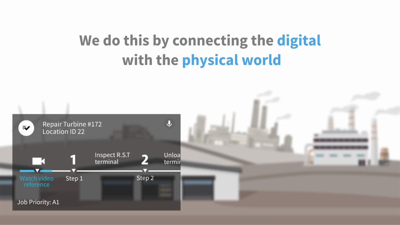 Animated digital task UI for turbine repair overlaid on an illustrated factory — from a hands-on workforce video