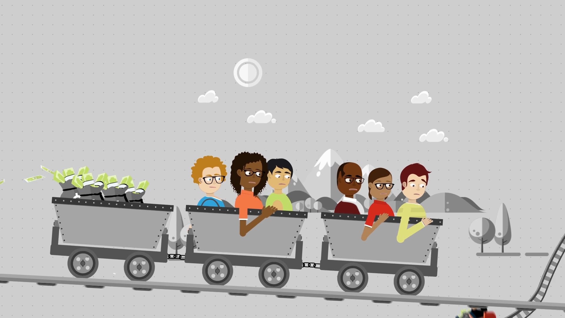 Animated characters riding mine carts with cash and rocks, illustrating idle savings losing value