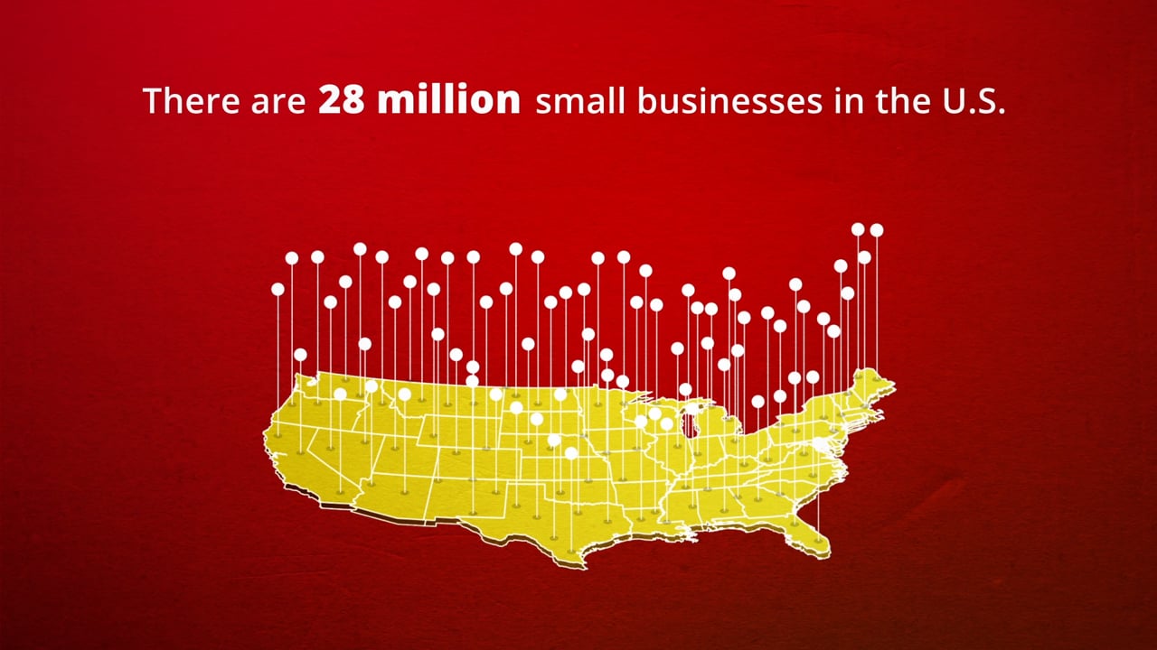 Animated U.S. map with pins showing 28 million small businesses nationwide, from a cybersecurity explainer video