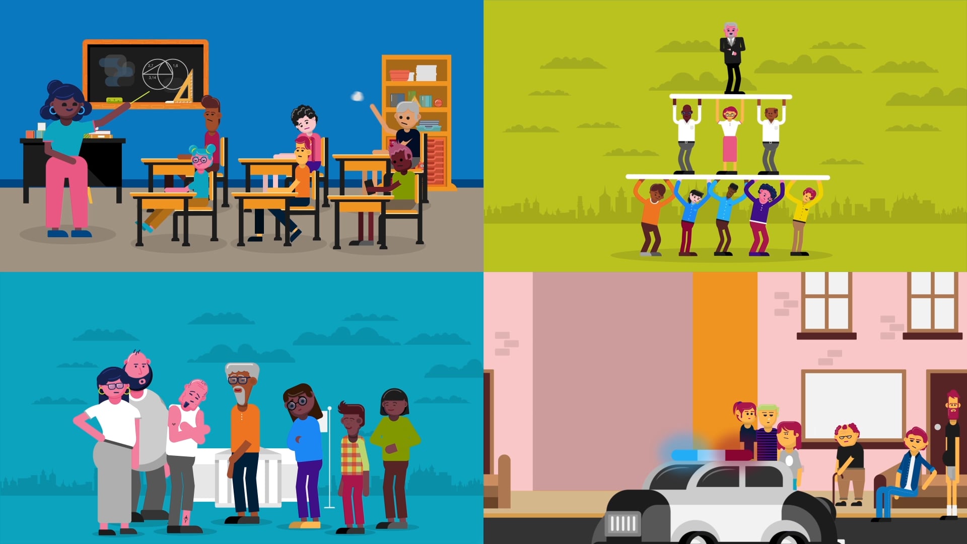 Four animation stills showing restorative practices in a classroom, workplace hierarchy, hospital, and police scene
