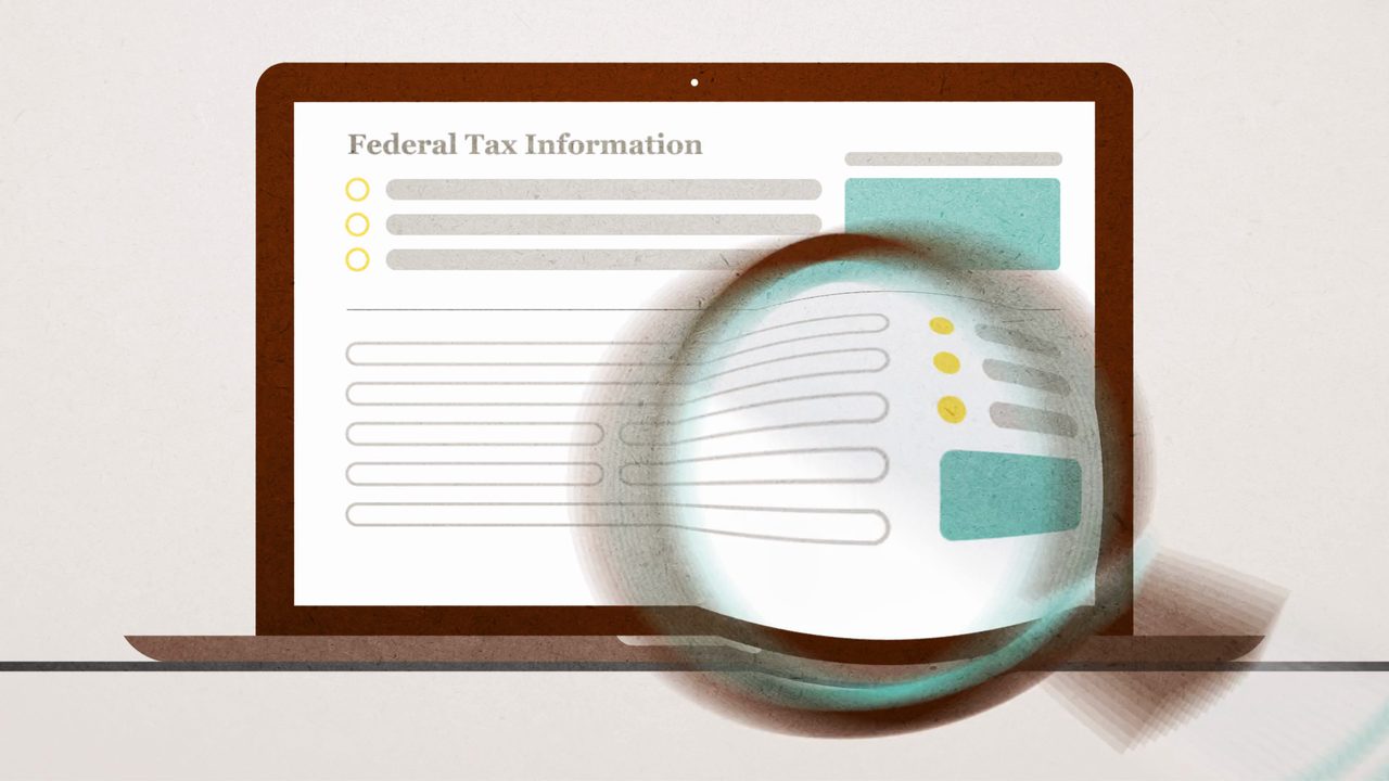 Animated laptop showing a Federal Tax Information form with a magnifying glass, from Lehigh University financial aid explainer video