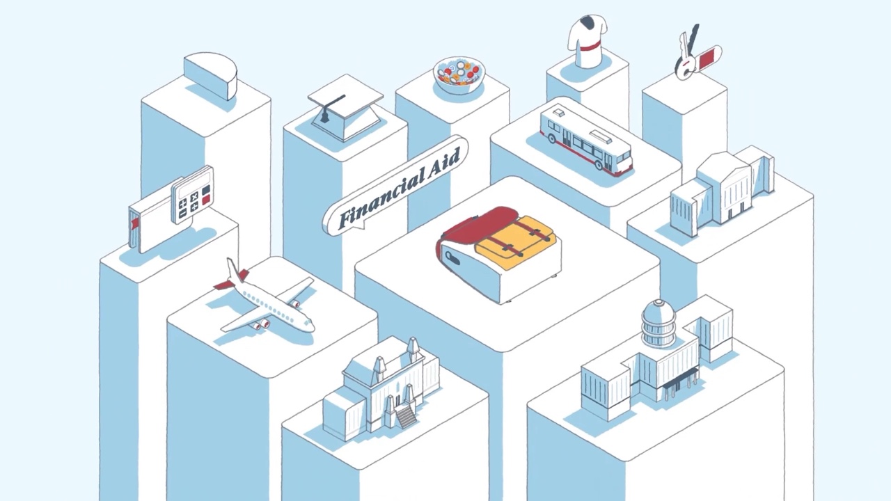 Isometric 2.5D illustration of a backpack, bus, airplane, domed government building and a Financial Aid banner on stacked blocks, from Motifmotion's 2D animation for the University of Pennsylvania