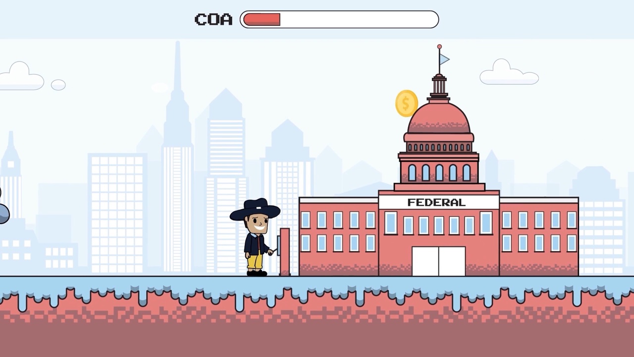 Illustrated 2D game scene showing institutional aid and work-study buildings along a city street, from Motifmotion's financial aid animation for the University of Pennsylvania