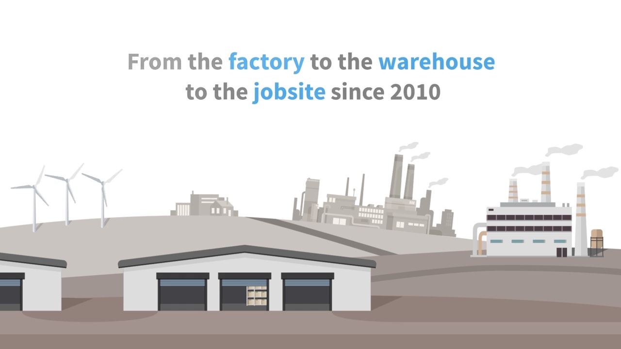 Kinetic typography reading 'From the factory to the warehouse to the jobsite since 2010' over an illustrated industrial landscape, from Motifmotion's 2D animation for Upskill