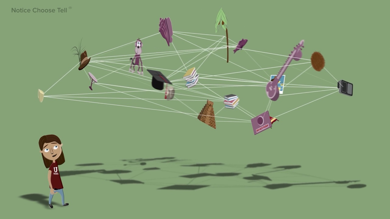 Cut-out 2D animation of a student beneath a suspended web of illustrated objects representing interests and subjects, from Motifmotion's Notice Choose Tell animation for Union College