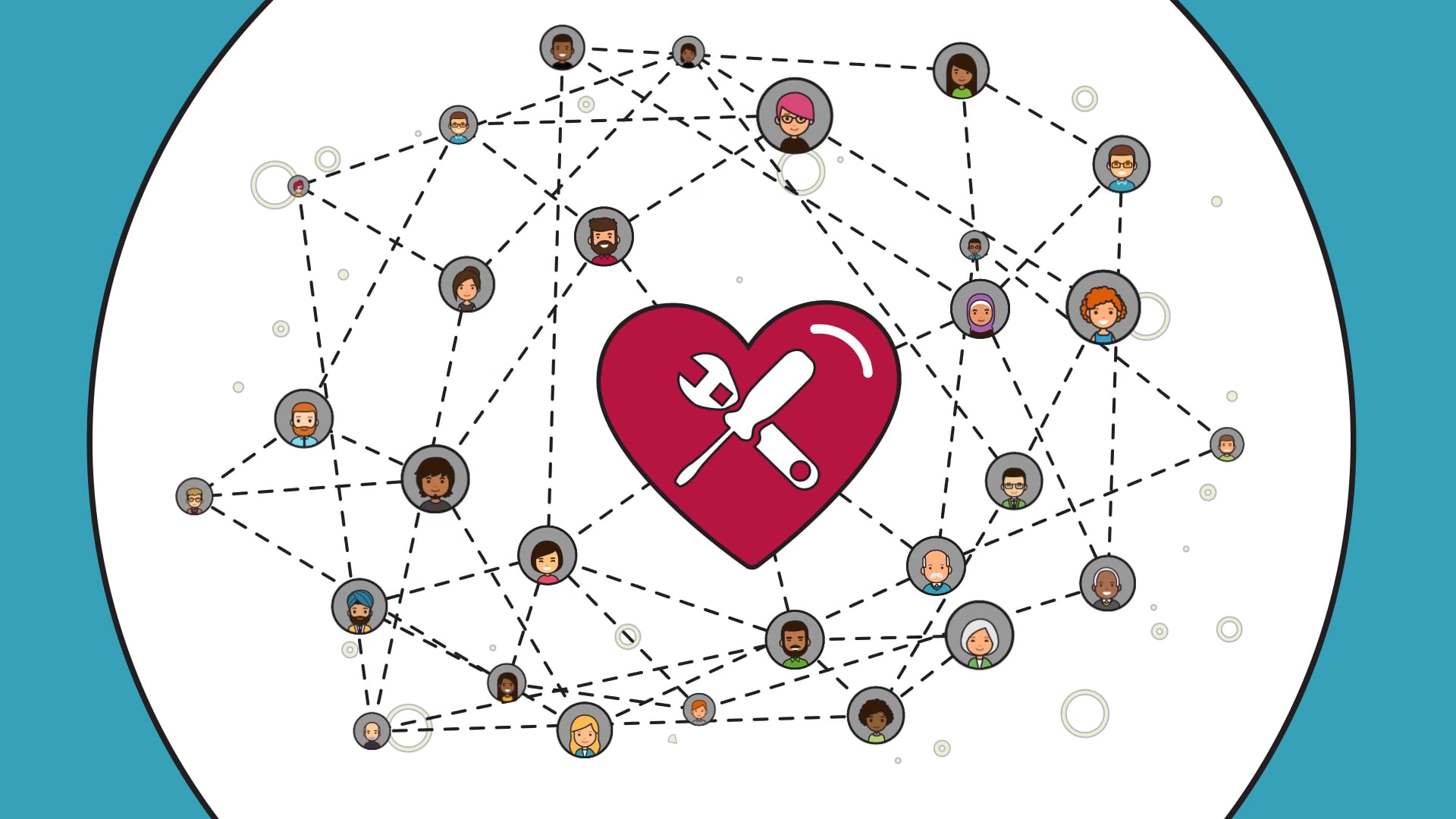 Diverse employee network radiating from a heart icon — animated still from Philanthropi's corporate giving video