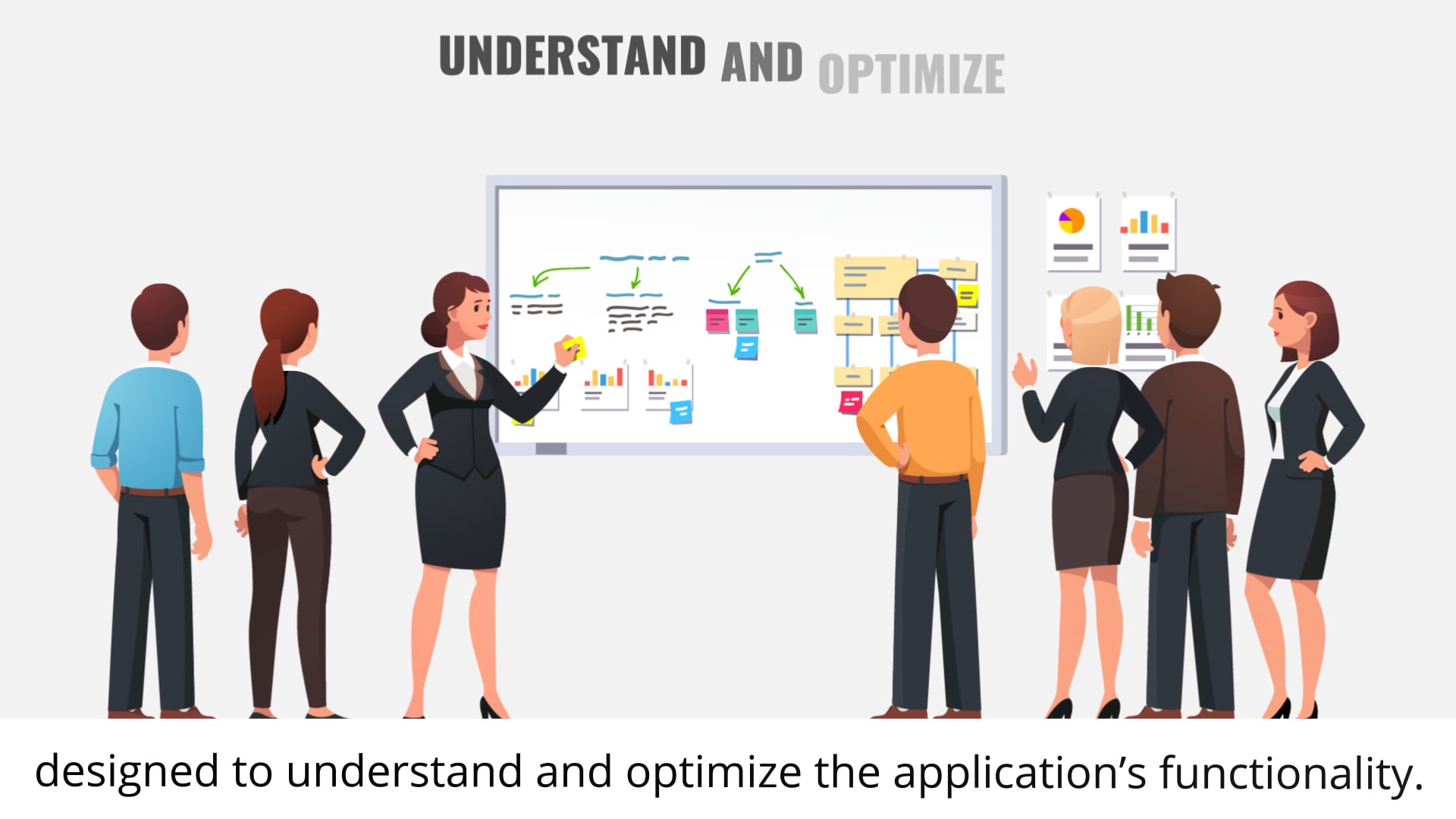 Animated team reviewing workflows on a whiteboard — still from a legacy system modernization explainer video