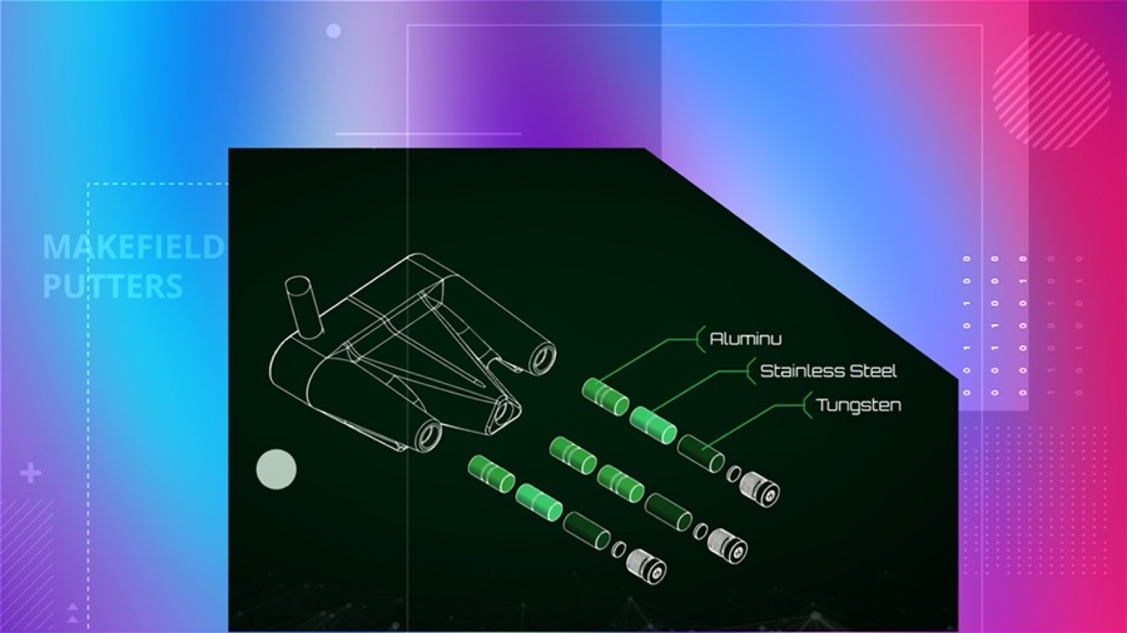 Exploded 3D technical diagram of the Makefield V-S putter naming its aluminum, stainless steel and tungsten components