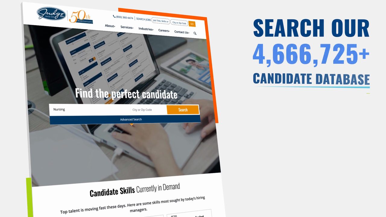 The Judge Group's relaunched judge.com homepage with a 4,666,725+ candidate database stat callout