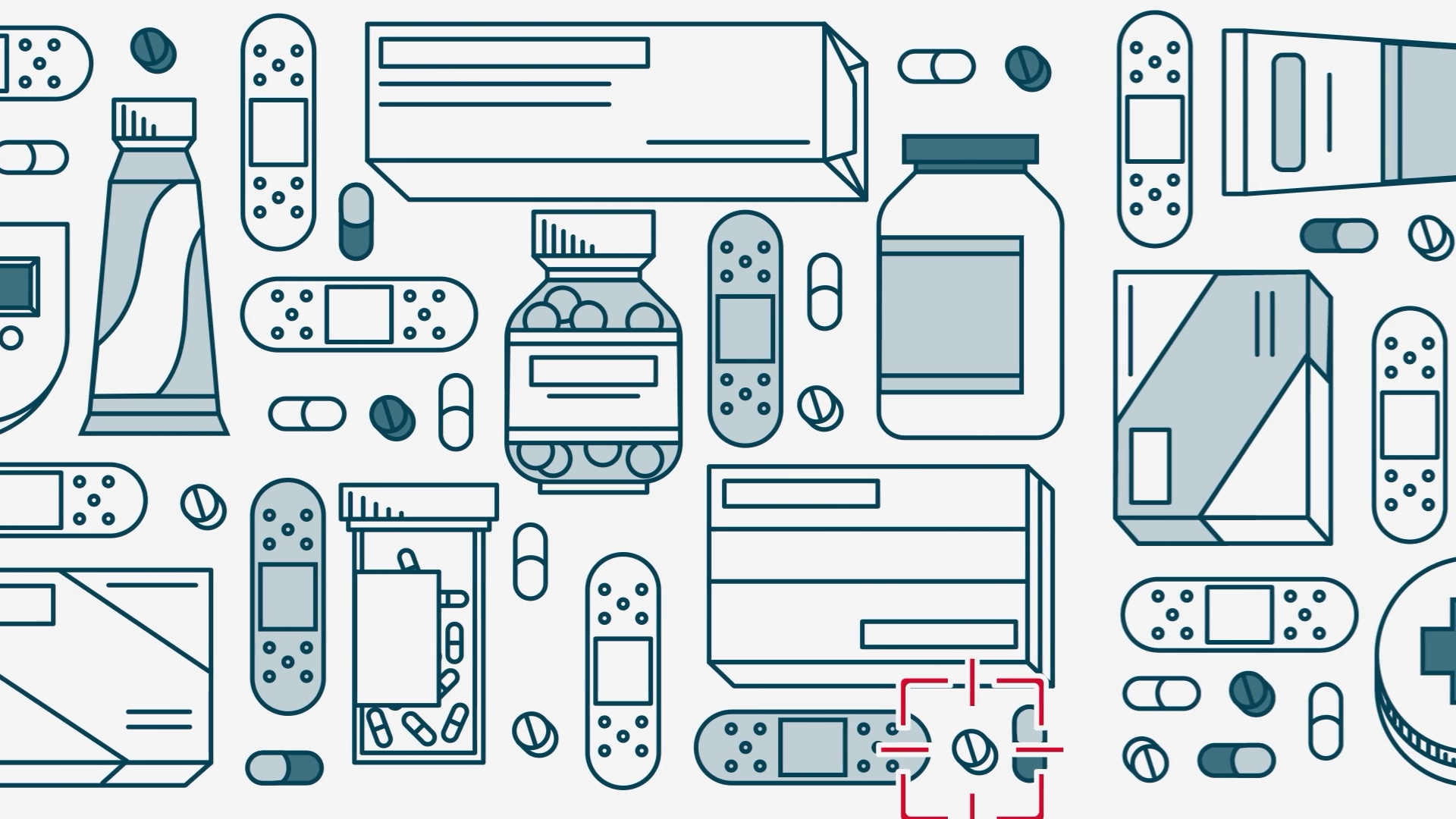 Pill bottles, blister packs and medication boxes in a flat pharma product layout, from a Motifmotion supply-chain explainer for Johnson & Johnson