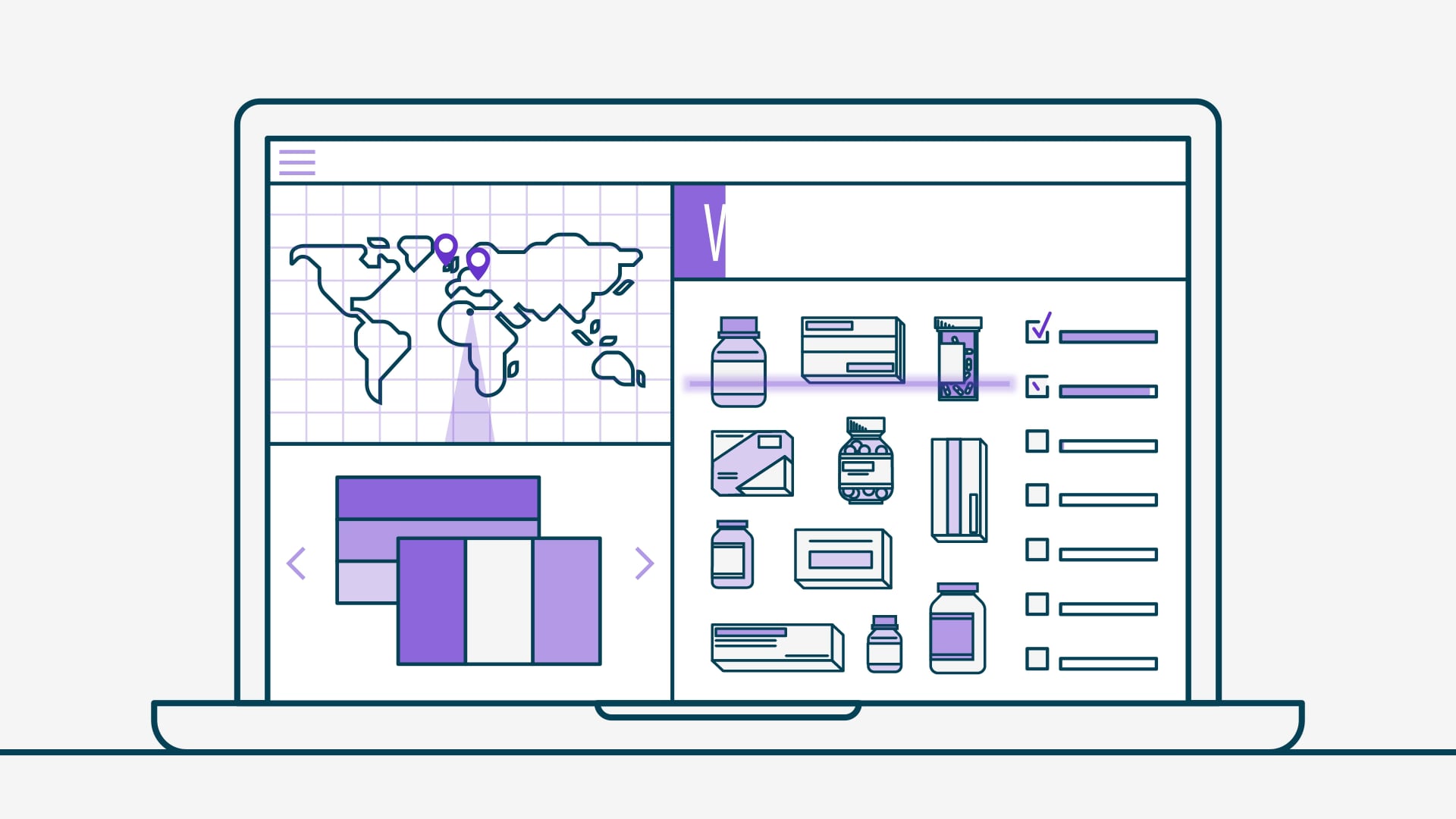 Animated pharma product grid and global map on a laptop screen from a J&J supply chain explainer series