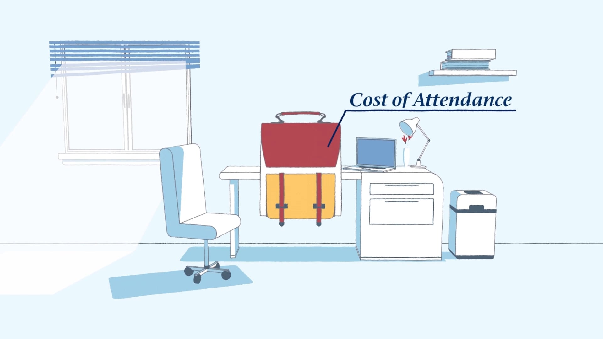 Animated study room scene with a backpack labeled "Cost of Attendance" from a UPenn financial aid explainer