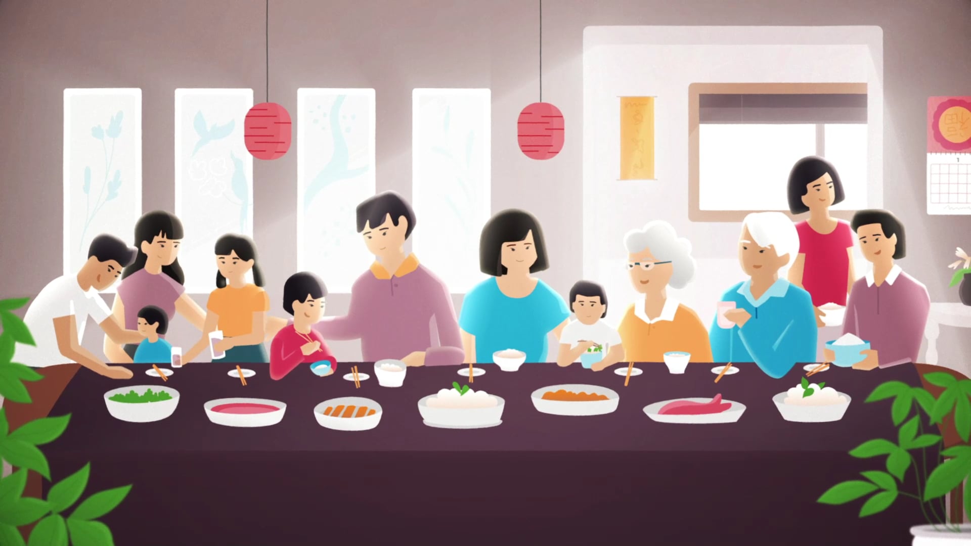 Animated multigenerational family sharing a festive meal with red lanterns overhead