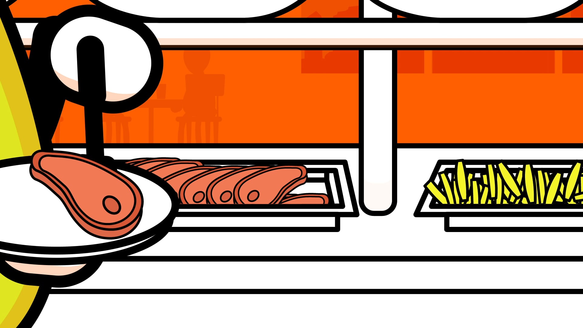 Animated close-up of ribs on a plate and french fries at a buffet counter