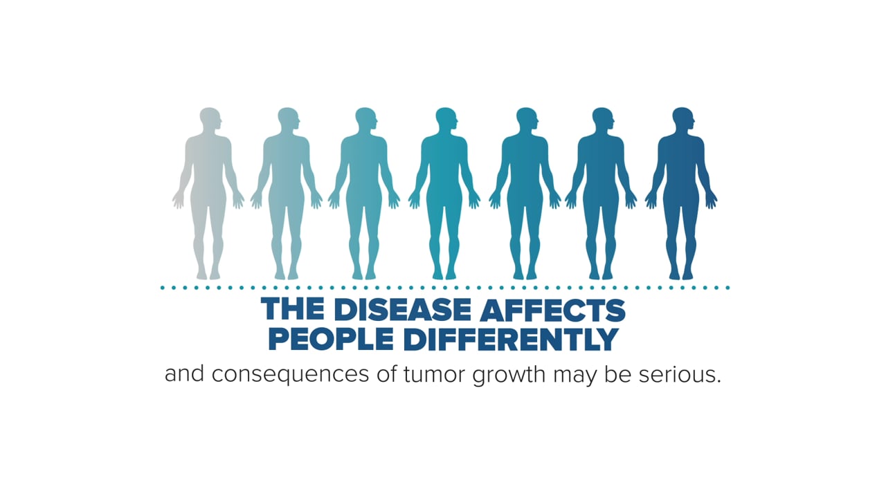 Animated still showing human silhouettes in teal gradient with text: the disease affects people differently