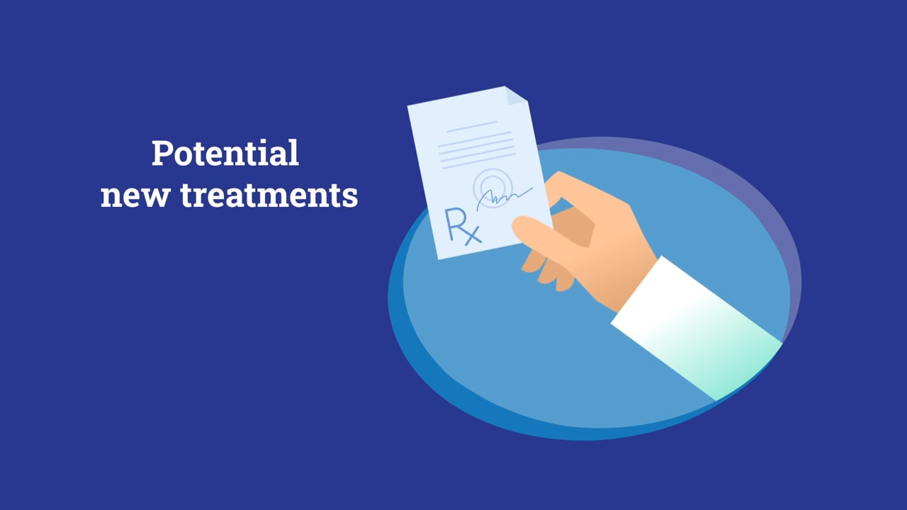 Animated hand holding a signed Rx prescription — still from a patient recruitment video for a clinical trial