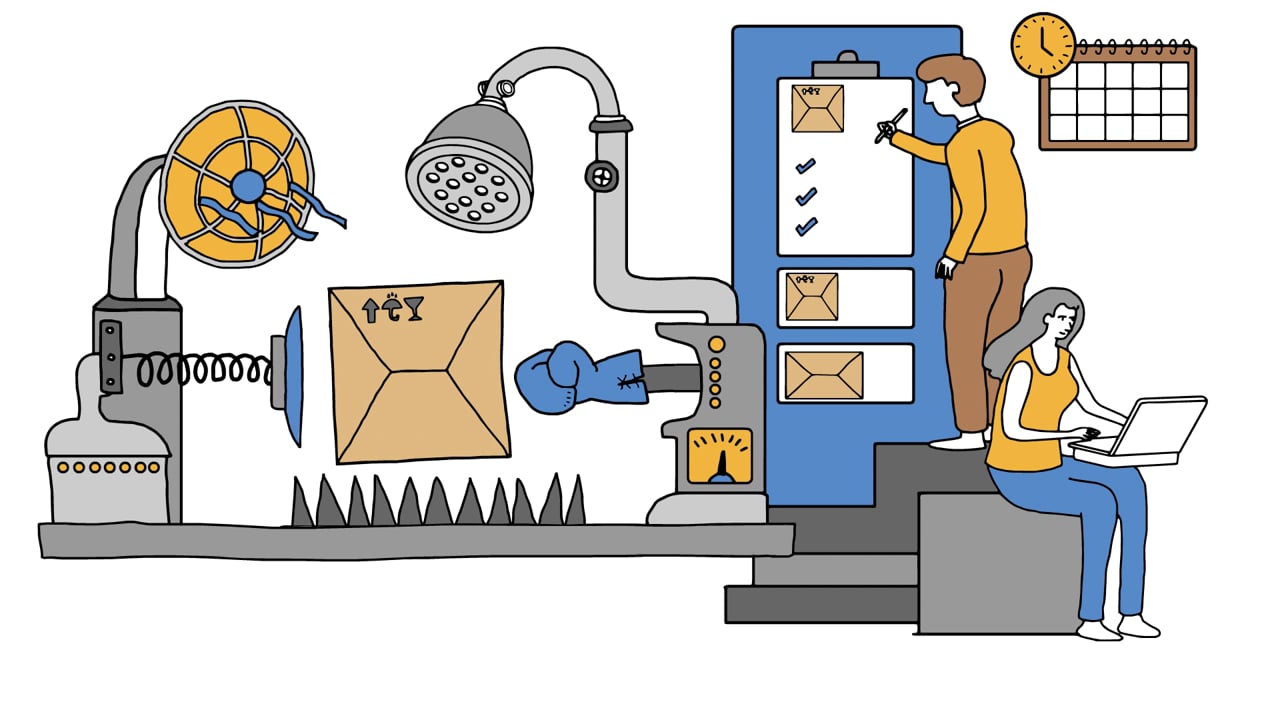 Animated factory scene showing workers assessing corrugated boxes on a conveyor, from a B2B packaging explainer video