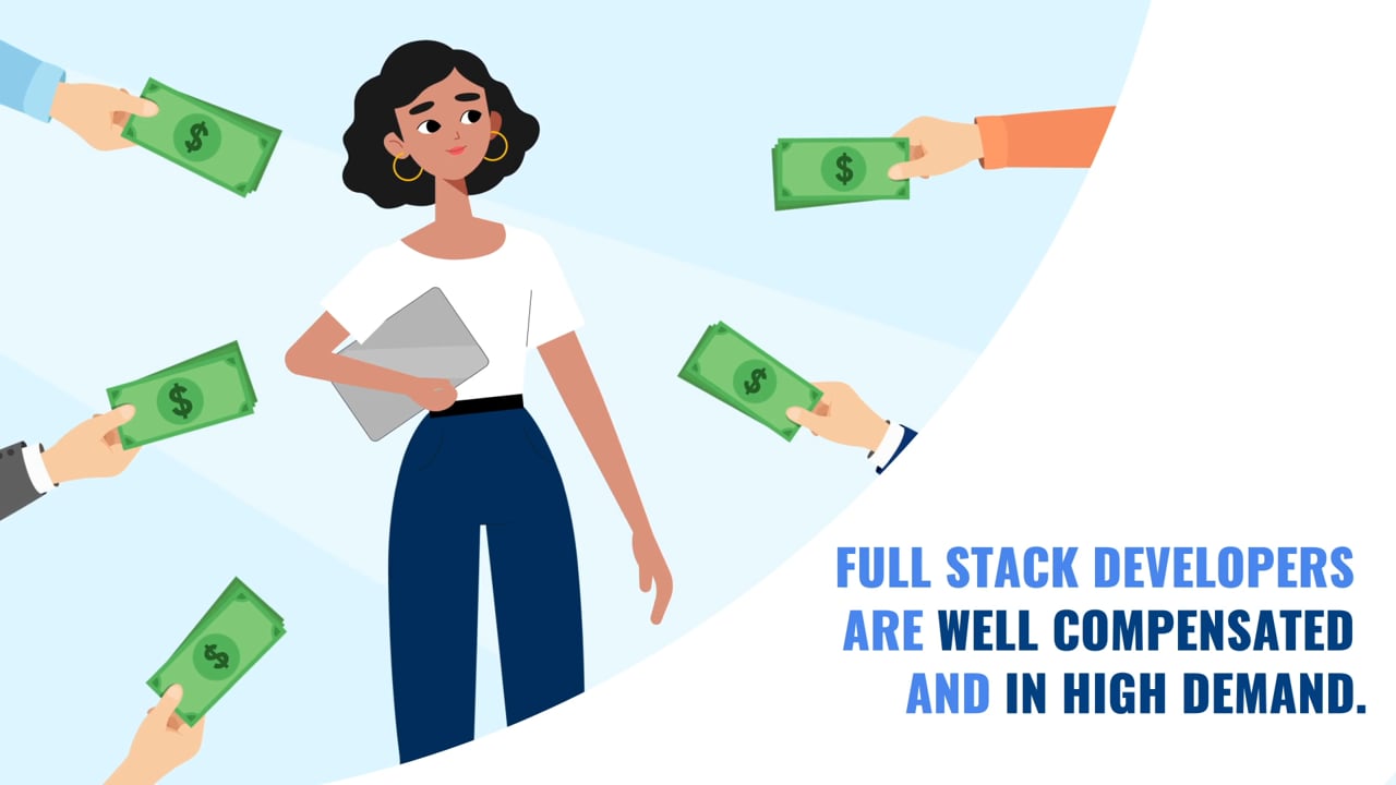 Animated developer surrounded by hands offering cash, highlighting high demand and pay