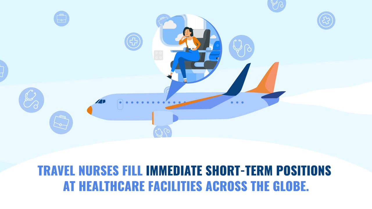 Animated travel nurse seated on a plane, with medical icons — from the Popular Jobs Explained series