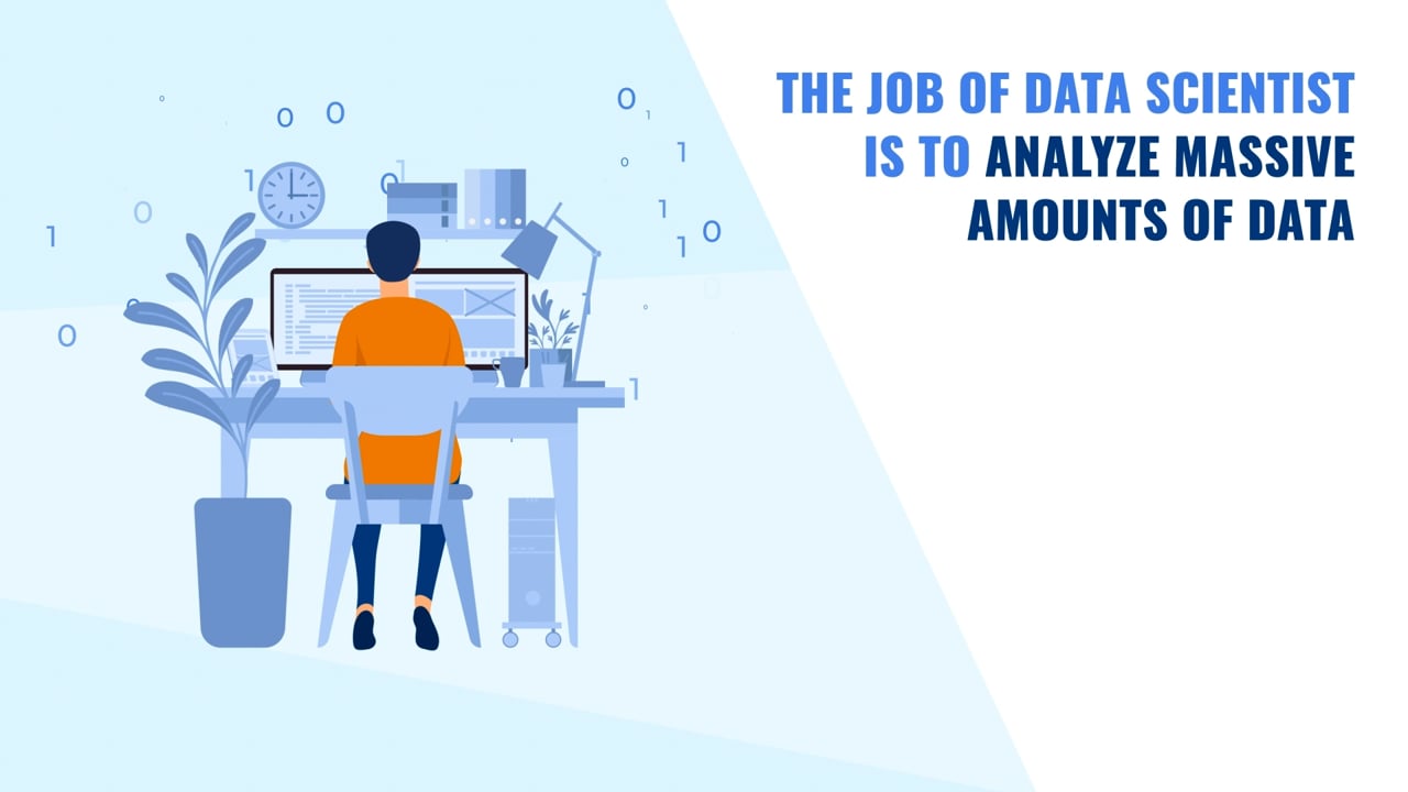 Animated data scientist at a desk surrounded by binary code, from the Popular Jobs Explained series