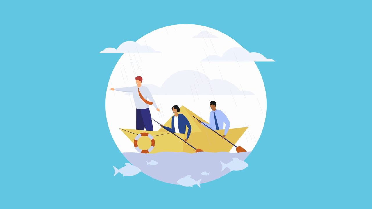 Animated scene of three colleagues navigating a paper boat through rain — from The Judge Group culture video